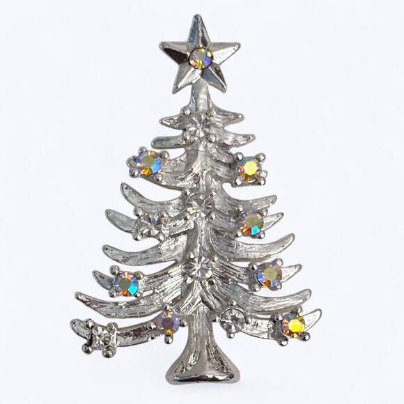 VTG Eisenburg Ice Signed Rhinestone Silver Christmas Tree Brooch Pin 2" Holiday - Picture 1 of 9